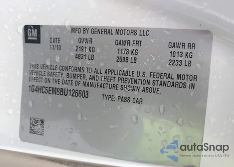 2011 Buick Lucerne Cxl z USA, uszkodzony, nr VIN 1G4HC5EM8BU126603